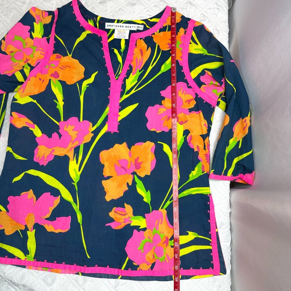 Gretchen Scott Bold Colorful Resort Beach Boho Floral Top, Medium Half Sleeves - Picture 3 of 6